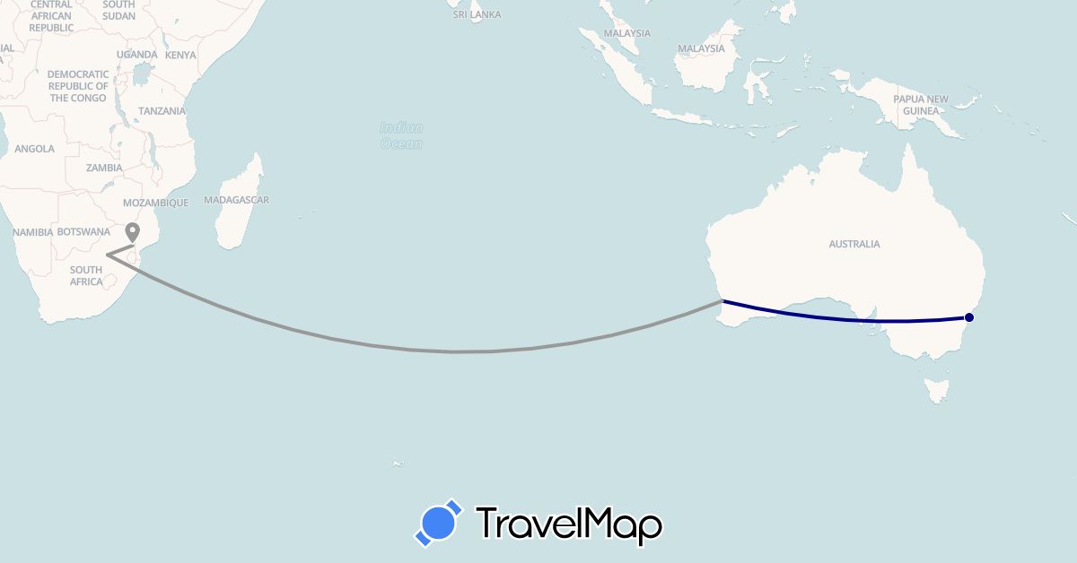 TravelMap itinerary: driving, plane in Australia, South Africa (Africa, Oceania)
